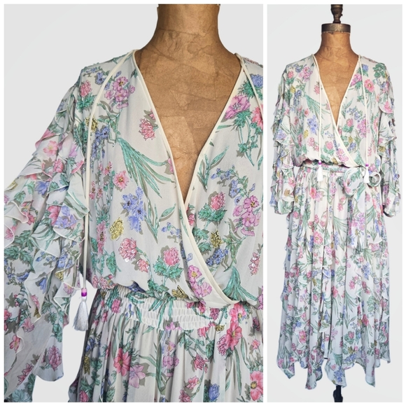 Vintage Diane Freis Silk Beaded Floral Ruffle Dress